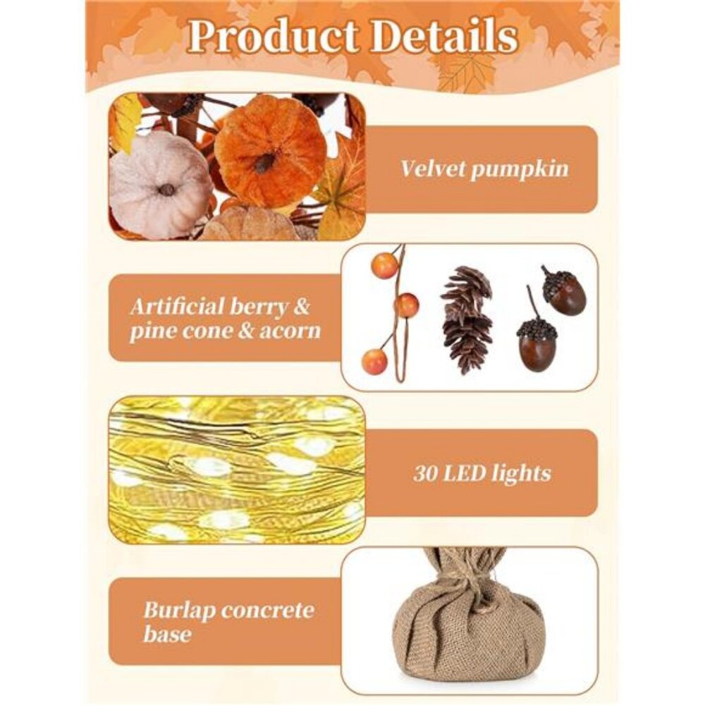 Fall Decorations for Home Table: 19.7 Inch Faux Tree with Timer 30 LED - Picture 6 of 7